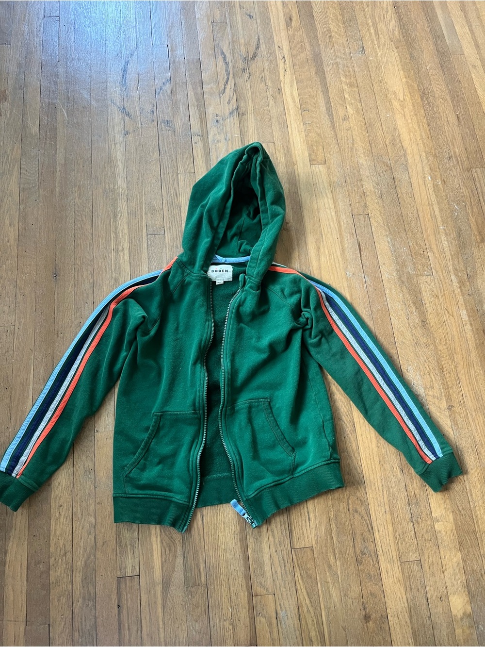 Mini Boden Green Hooded Zip Jacket with Multicolor Sleeve Stripes